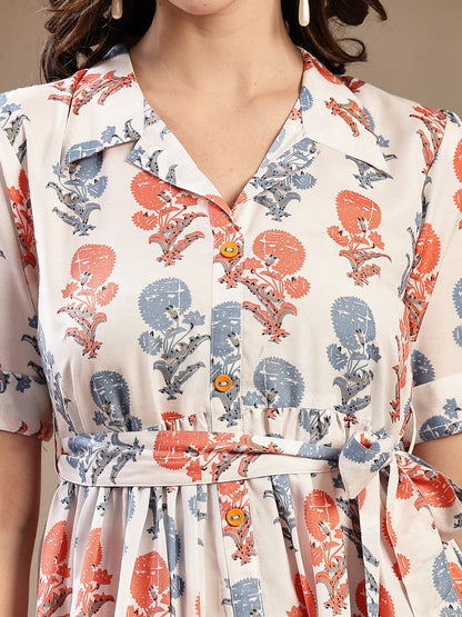 White Floral Printed Cotton Blend Tiered Dress