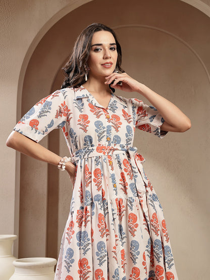 White Floral Printed Cotton Blend Tiered Dress