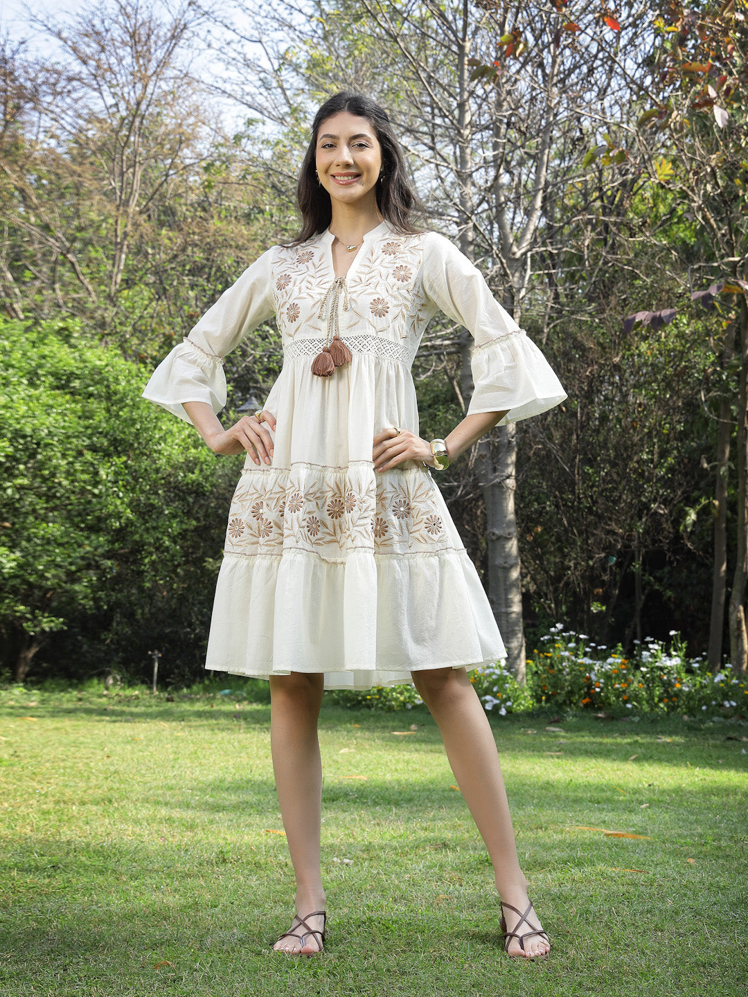 White Solid & Embroidered Cotton Tiered Dress (Pre-Order)