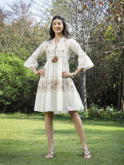 White Solid & Embroidered Cotton Tiered Dress (Pre-Order)