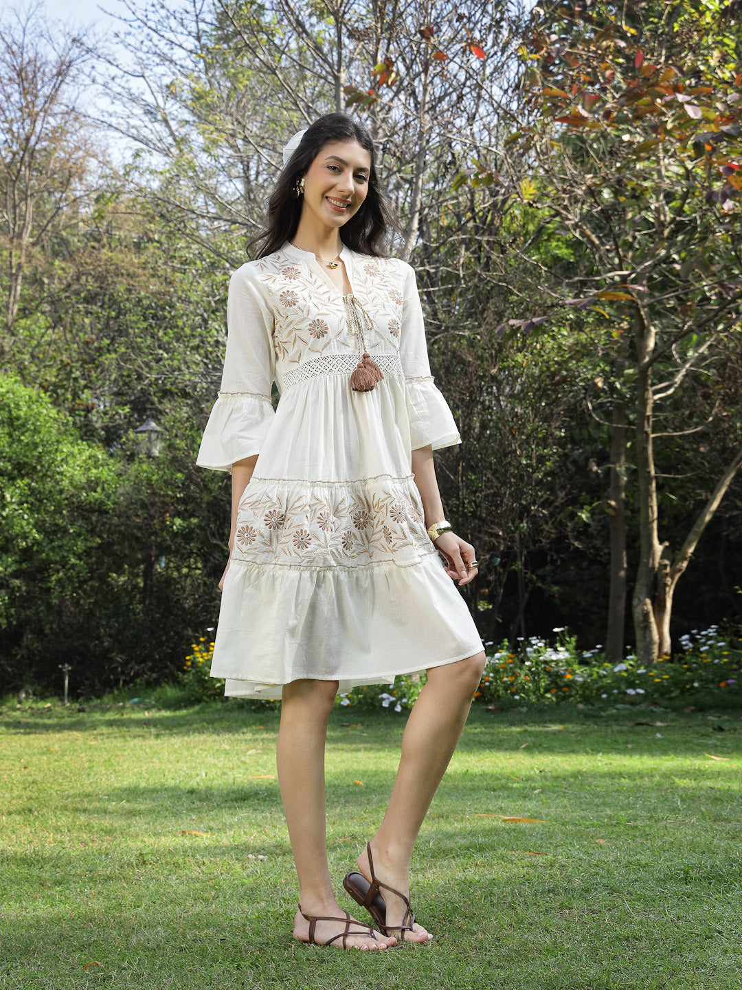 White Solid & Embroidered Cotton Tiered Dress (Pre-Order)