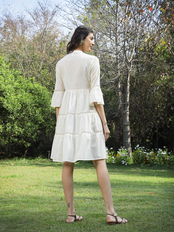 White Solid &amp; Embroidered Cotton Tiered Dress