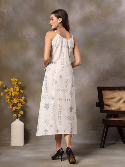 White Abstract Printed Cotton Blend A-Line Dress (Pre-Order)