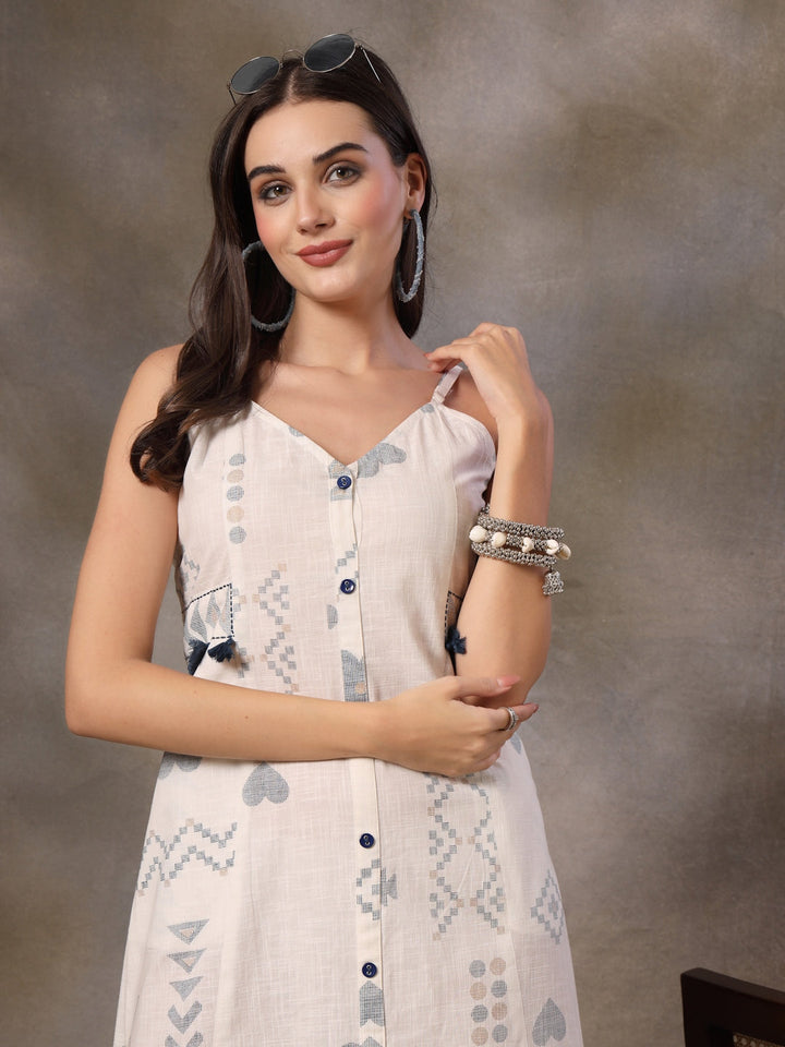 White Abstract Printed Cotton Blend A-Line Dress