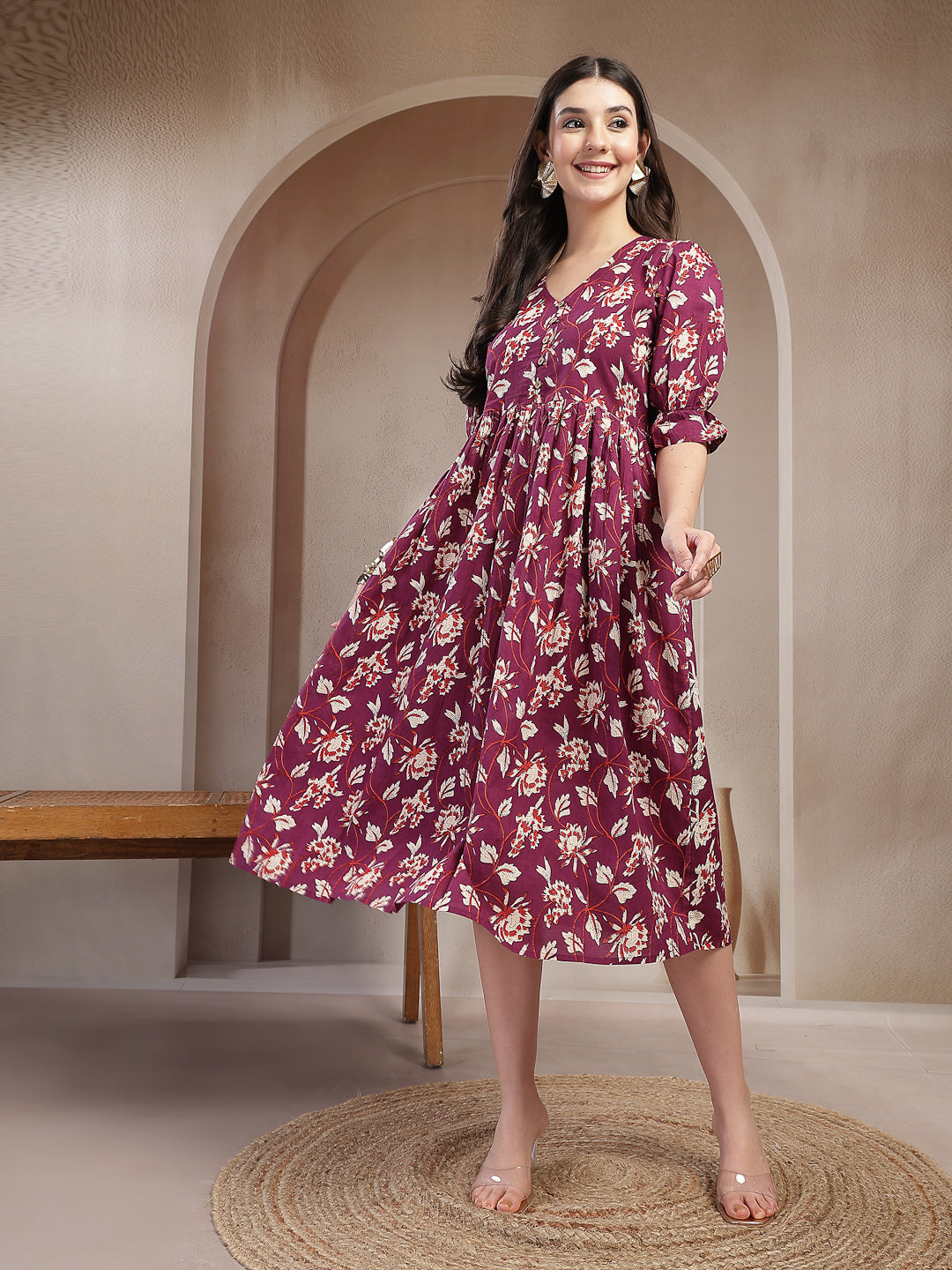 Floral Printed Cotton Flared Dress