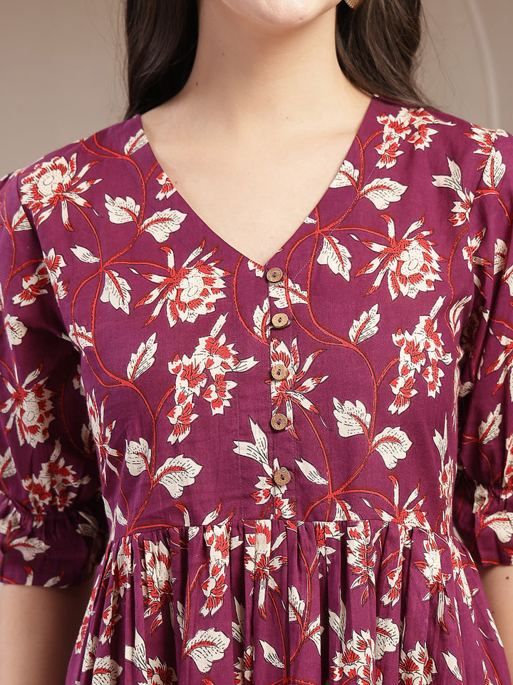 Floral Printed Cotton Flared Dress