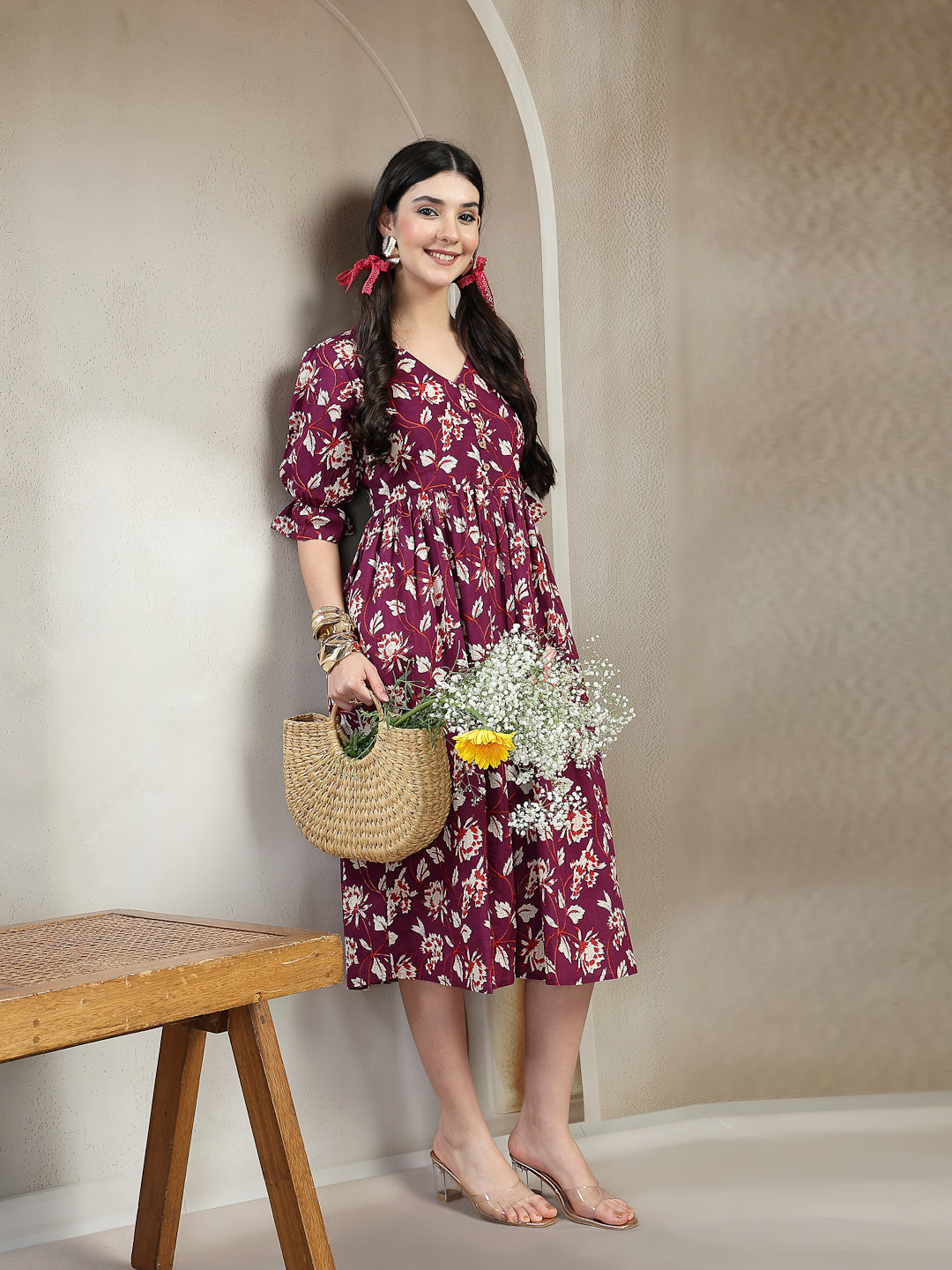 Floral Printed Cotton Flared Dress