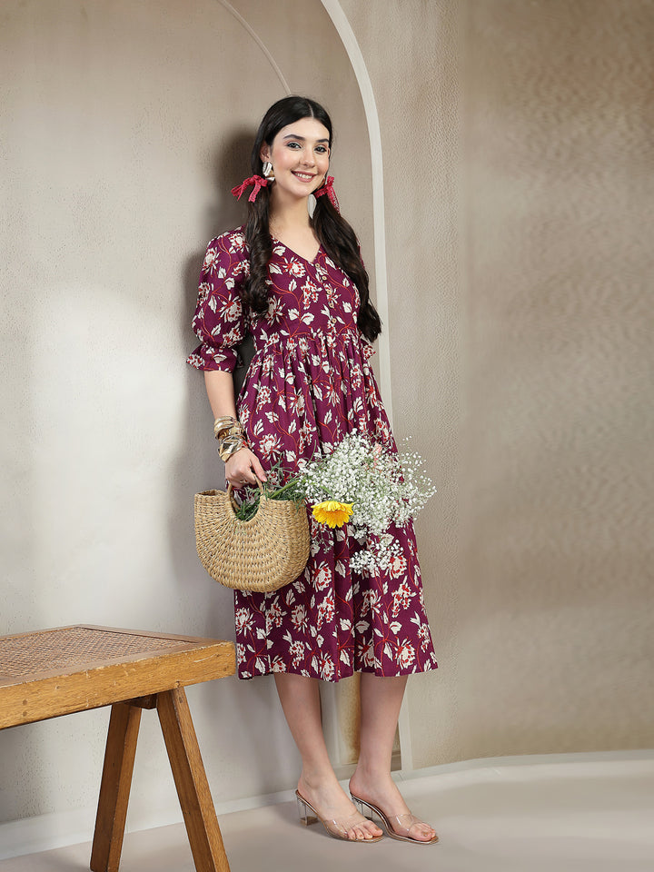 Floral Printed Cotton Flared Dress