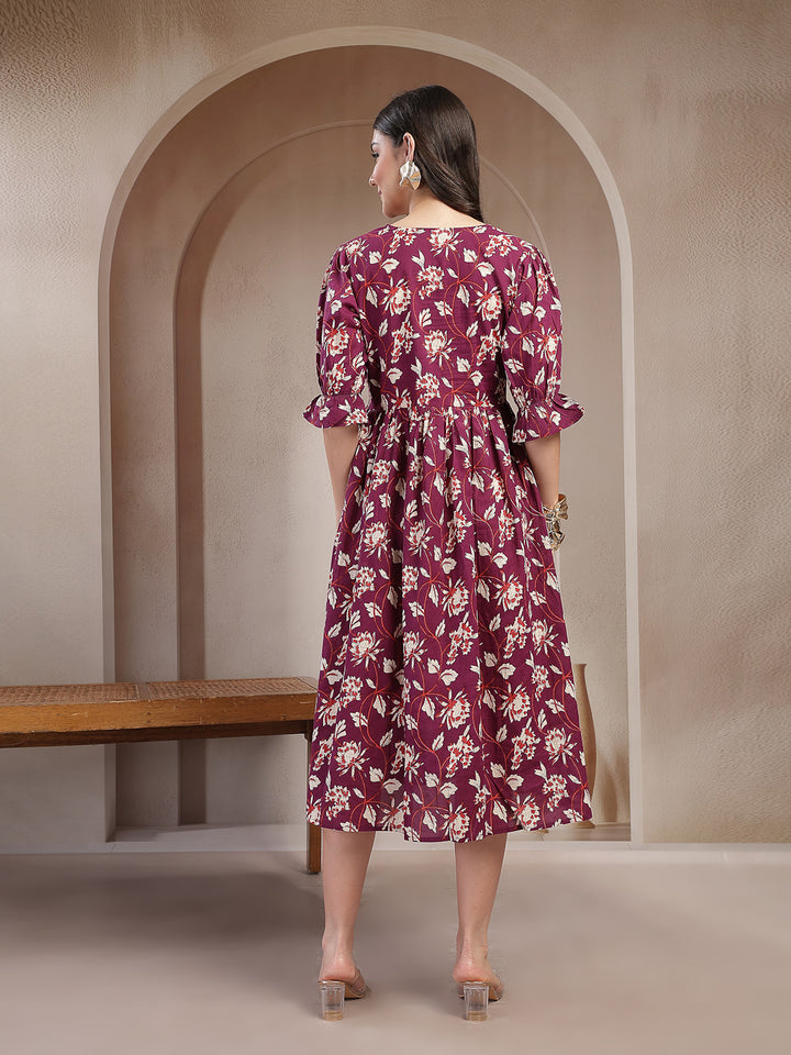 Floral Printed Cotton Flared Dress