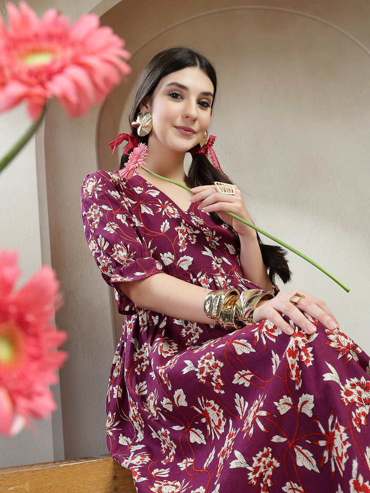 Floral Printed Cotton Flared Dress
