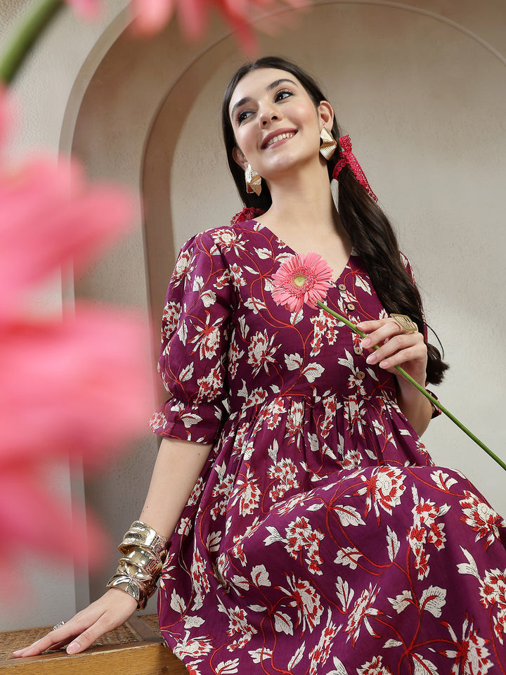 Floral Printed Cotton Flared Dress