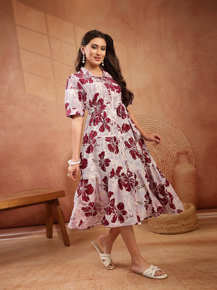 Floral Printed Cotton Flared Dress