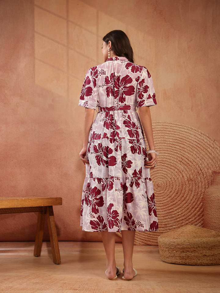Floral Printed Cotton Flared Dress