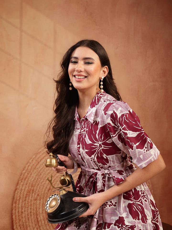 Floral Printed Cotton Flared Dress