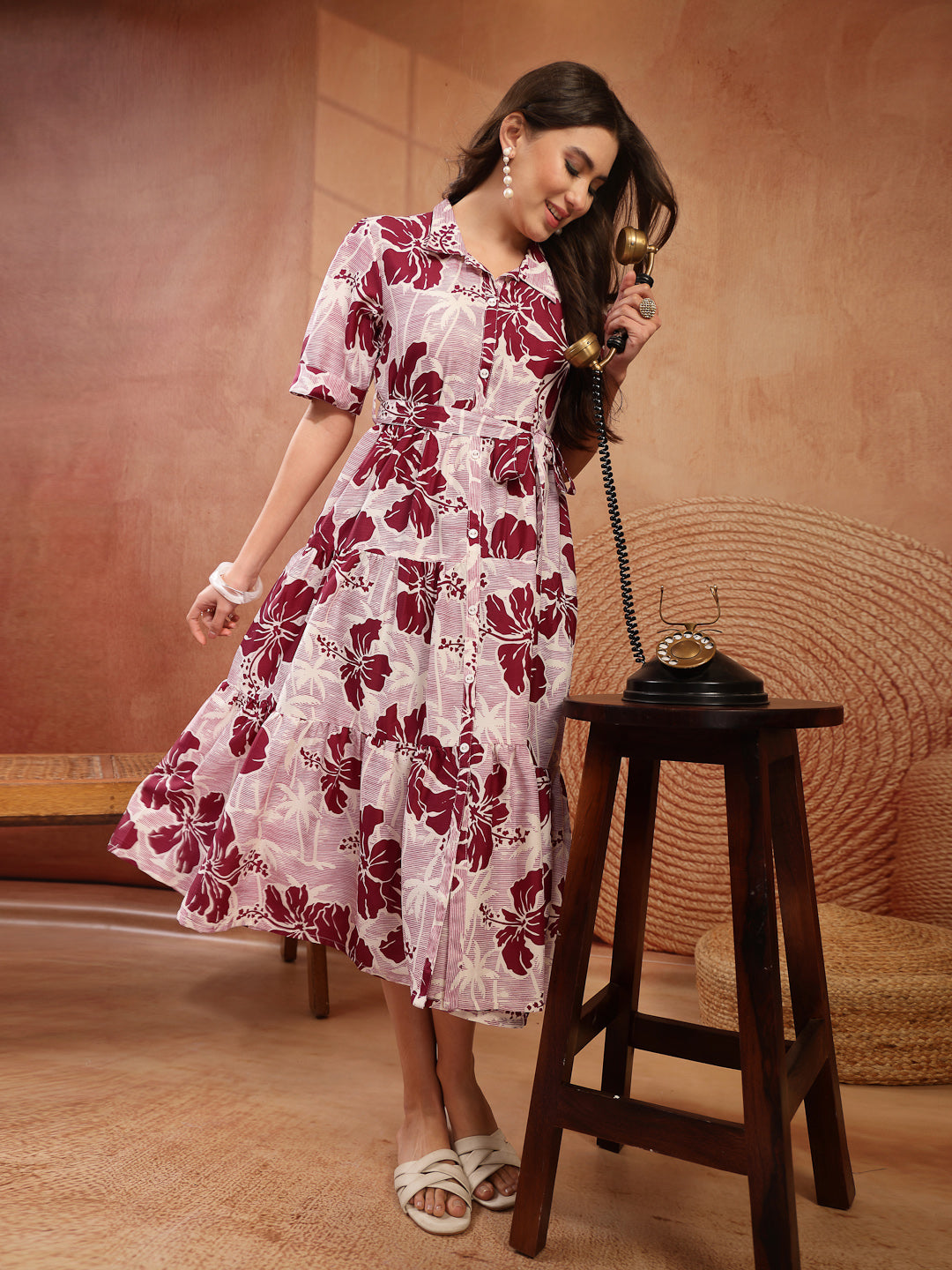Floral Printed Cotton Flared Dress