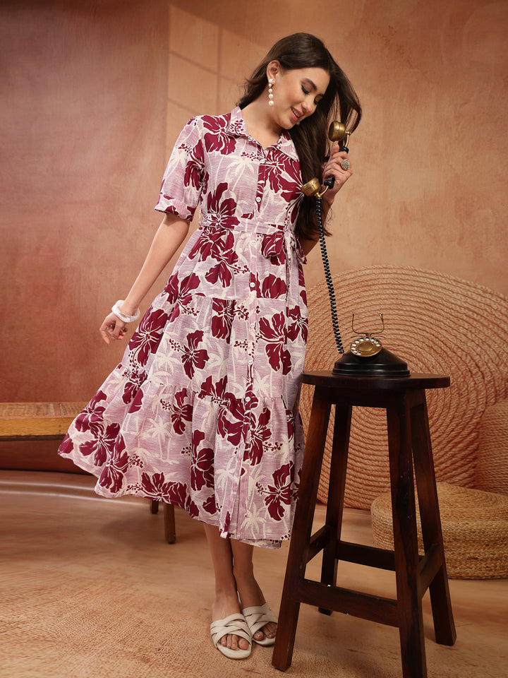 Floral Printed Cotton Flared Dress