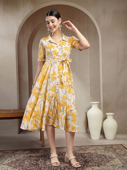 Floral Printed Cotton Flared Dress