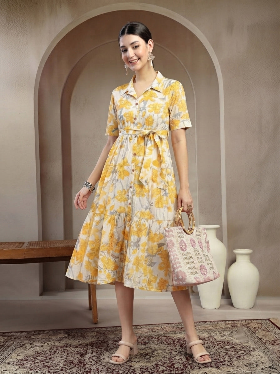 Floral Printed Cotton Flared Dress