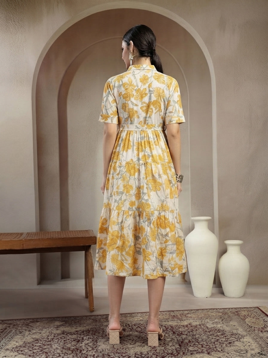 Floral Printed Cotton Flared Dress