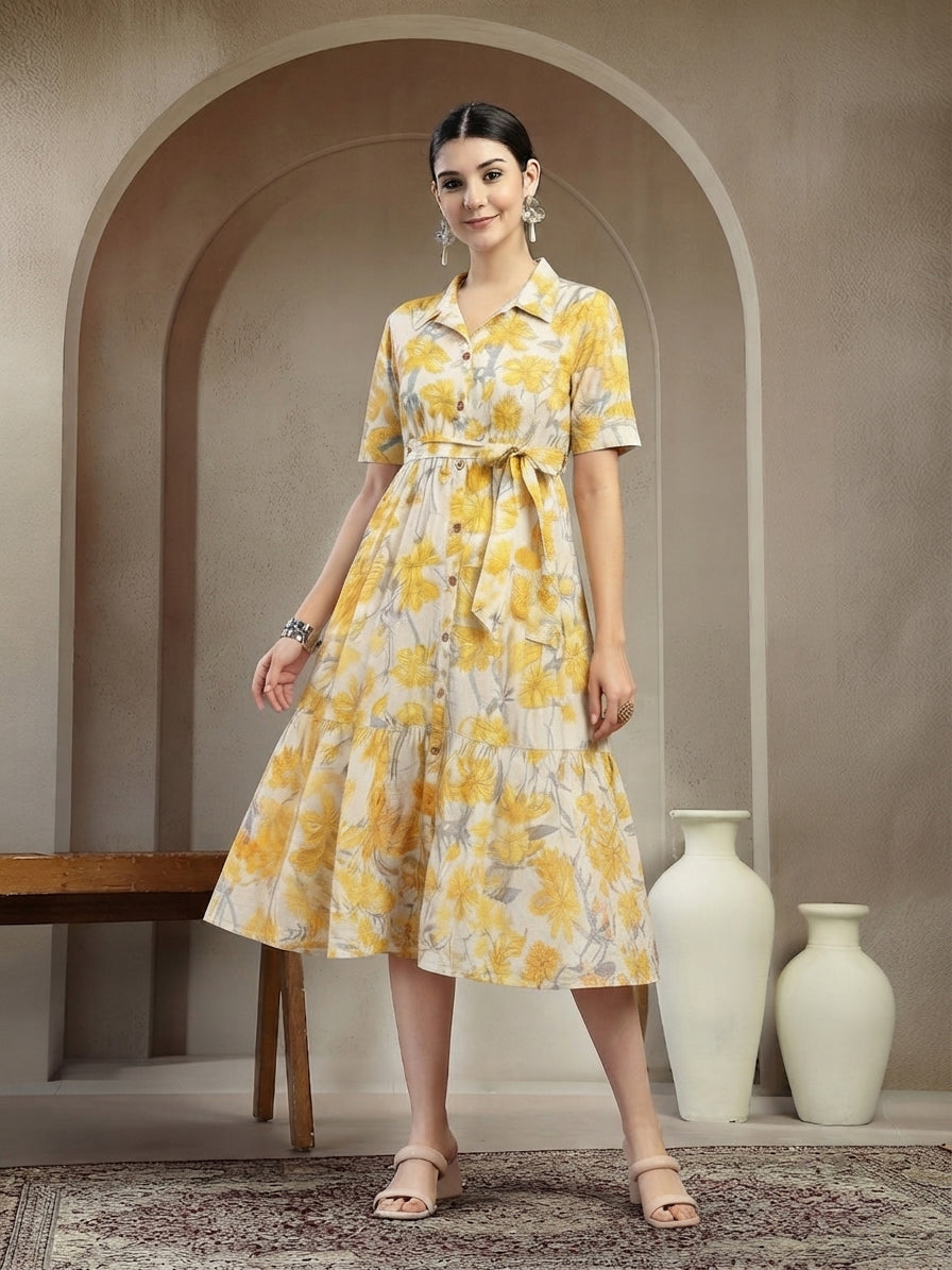 Floral Printed Cotton Flared Dress