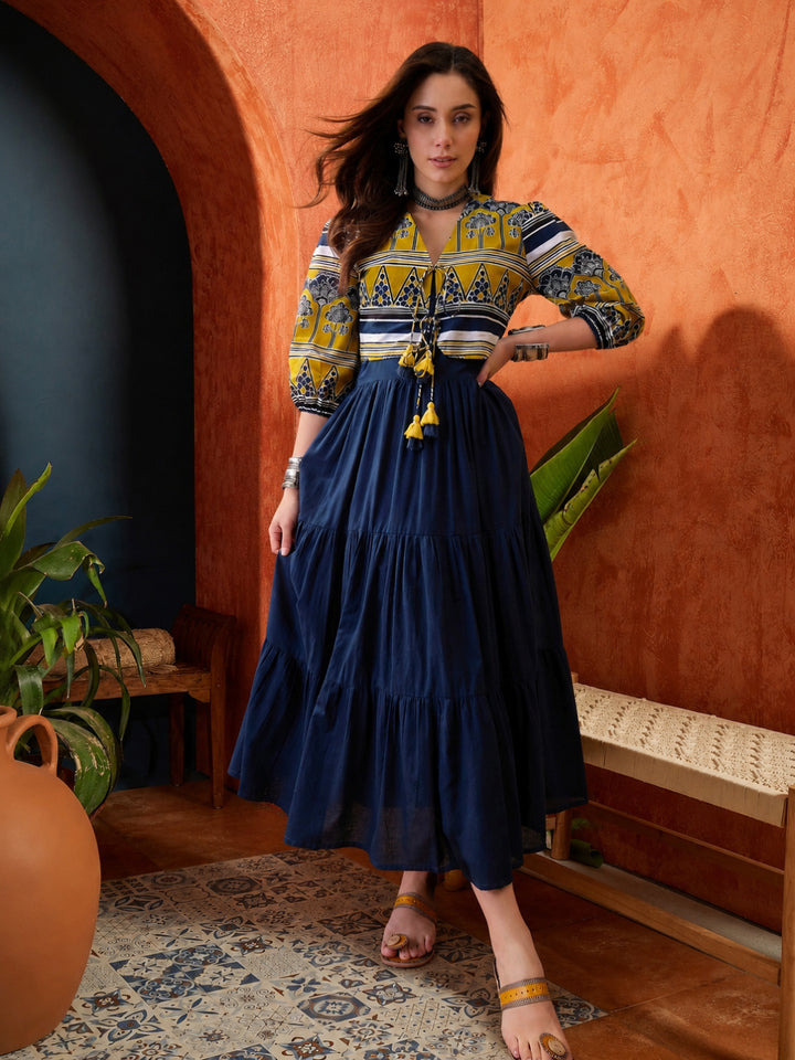 Solid Cotton Tiered Dress With Ethnic Jacket