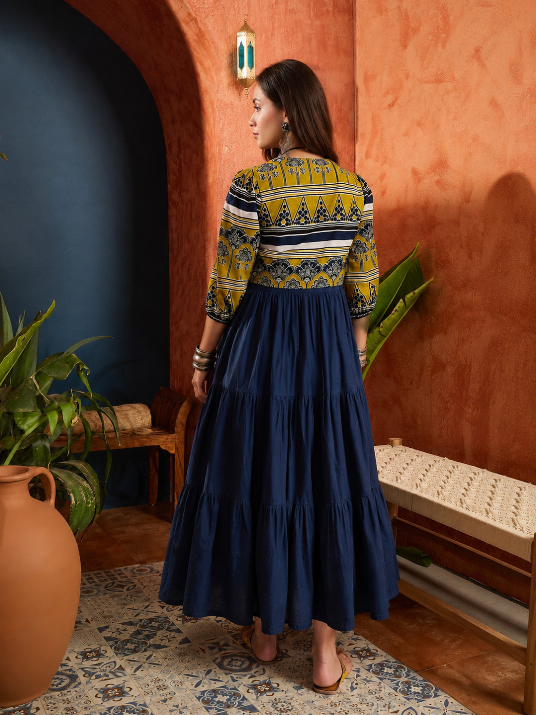 Solid Cotton Tiered Dress With Ethnic Jacket