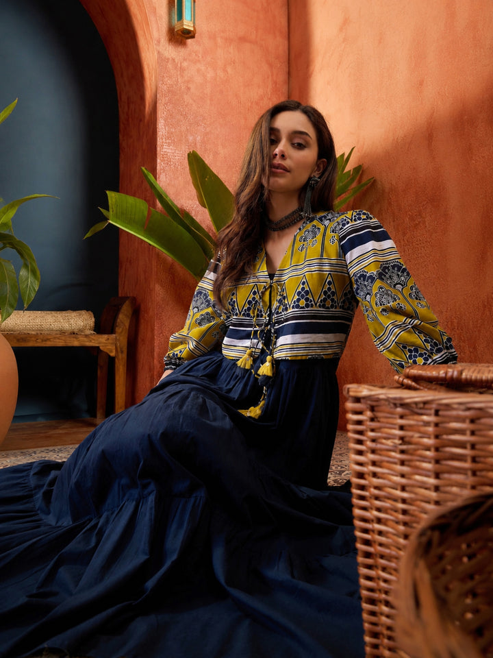 Solid Cotton Tiered Dress With Ethnic Jacket