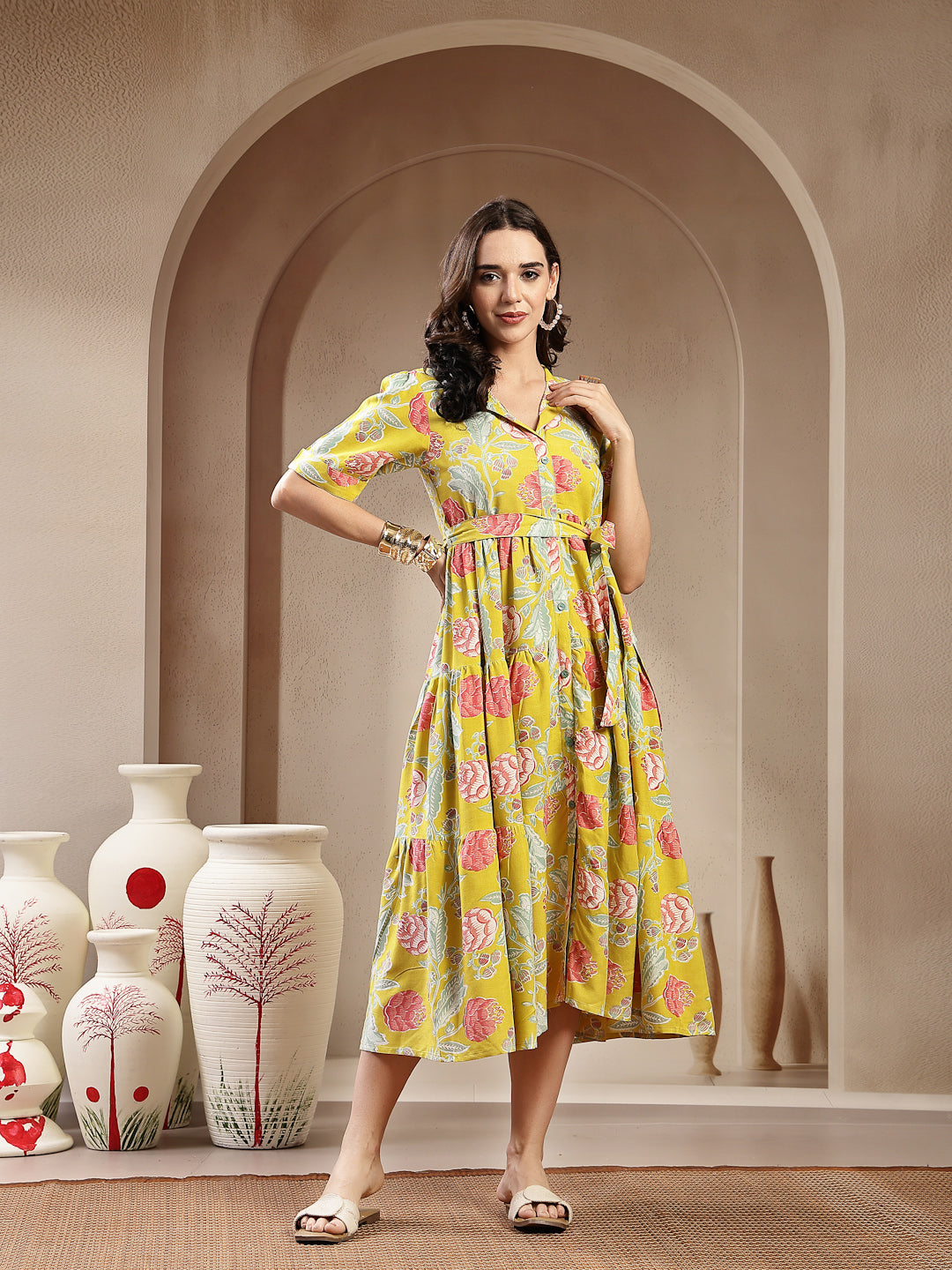 Yellow Floral Printed Rayon Tiered Dress