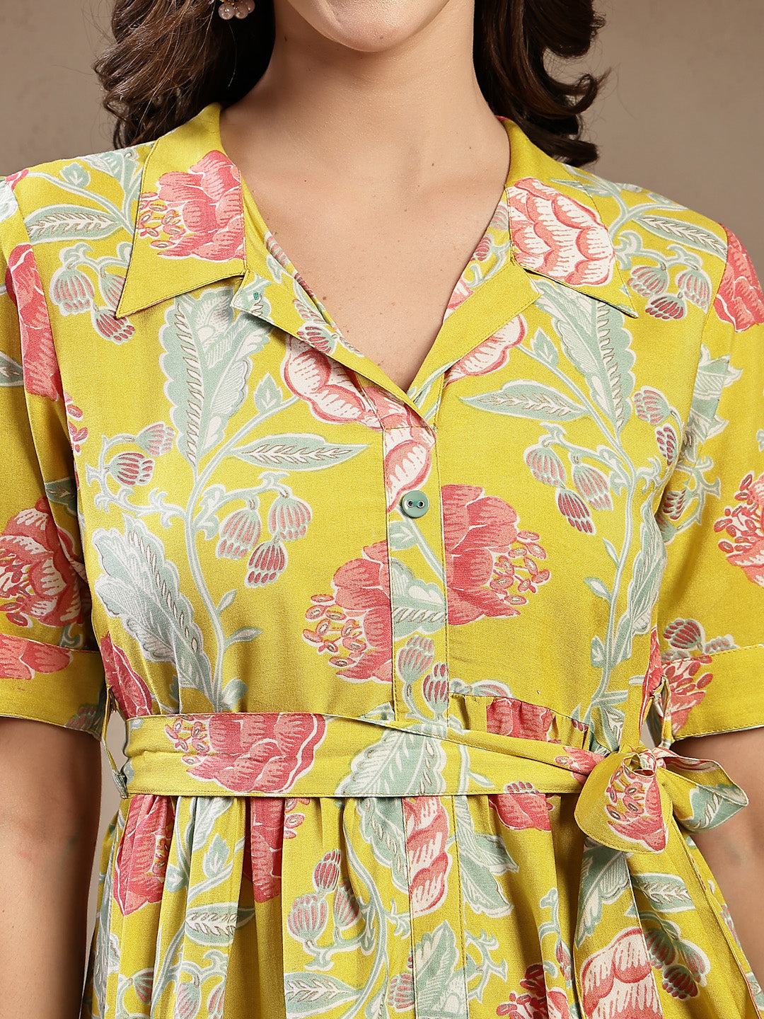 Yellow Floral Printed Rayon Tiered Dress