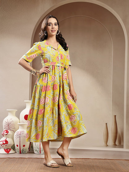 Yellow Floral Printed Rayon Tiered Dress