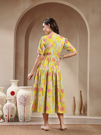 Yellow Floral Printed Rayon Tiered Dress (Pre-Order)