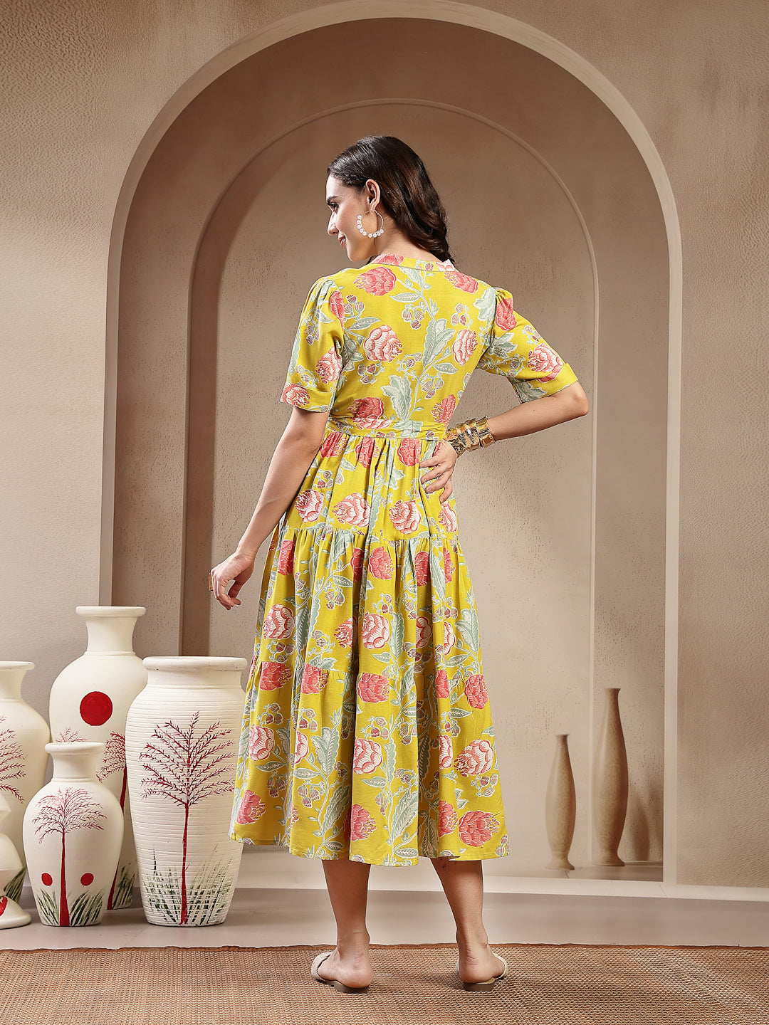 Yellow Floral Printed Rayon Tiered Dress
