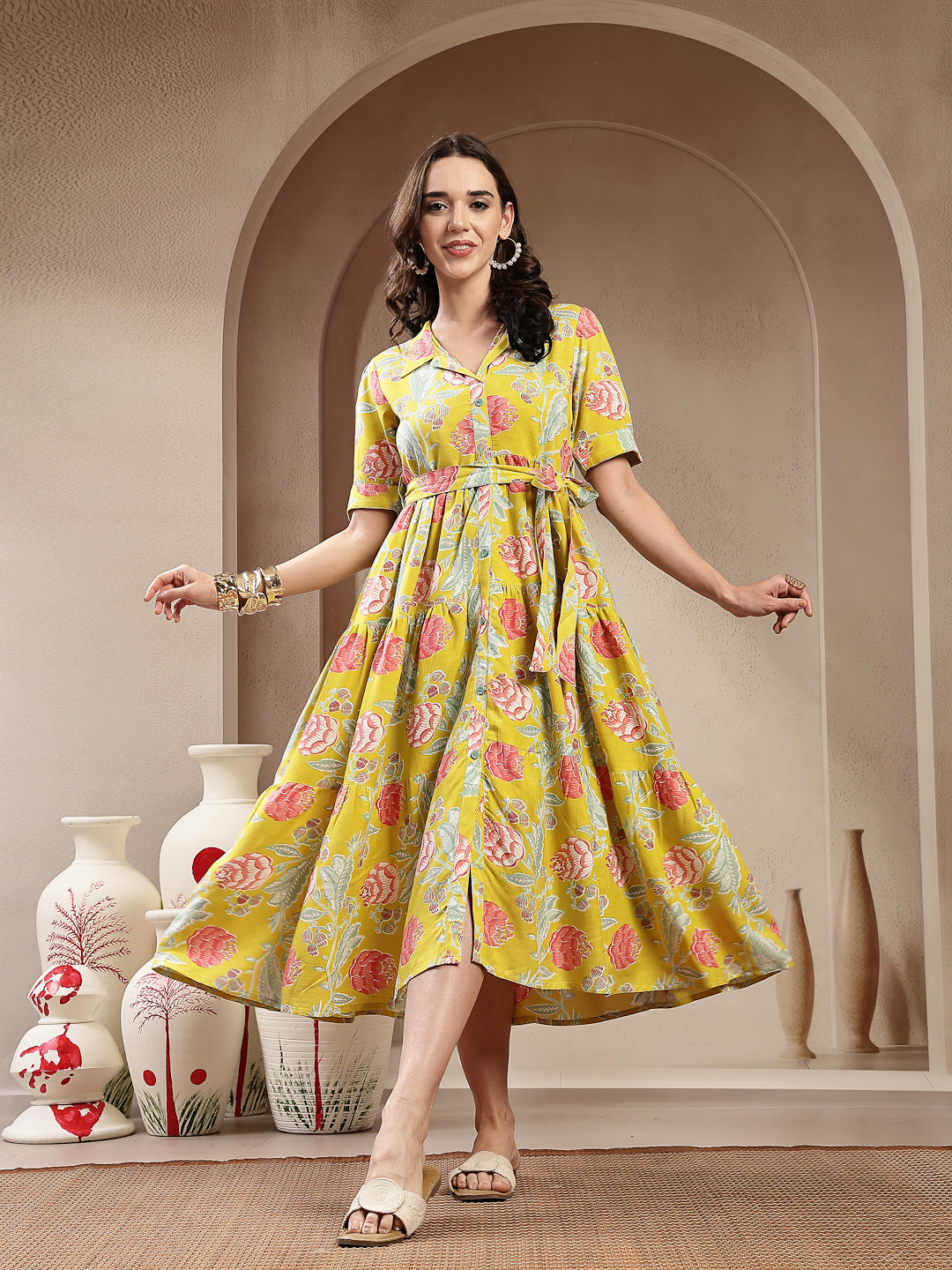Yellow Floral Printed Rayon Tiered Dress