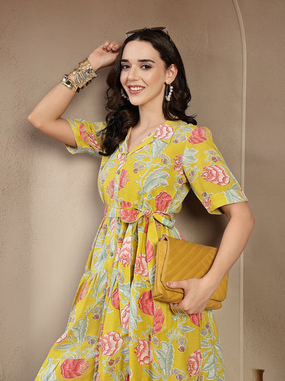 Yellow Floral Printed Rayon Tiered Dress