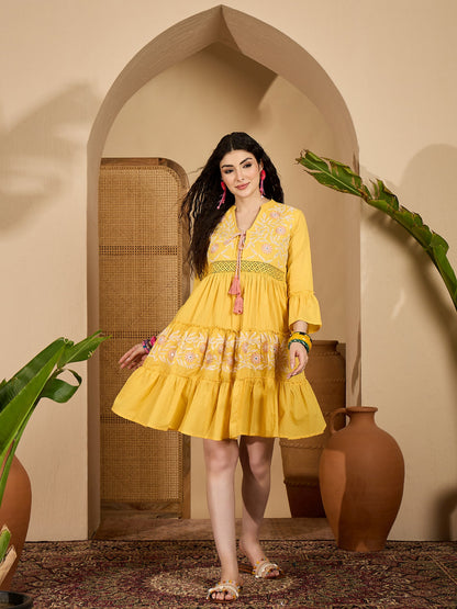 Yellow Solid & Embroidered Cotton Tiered Dress