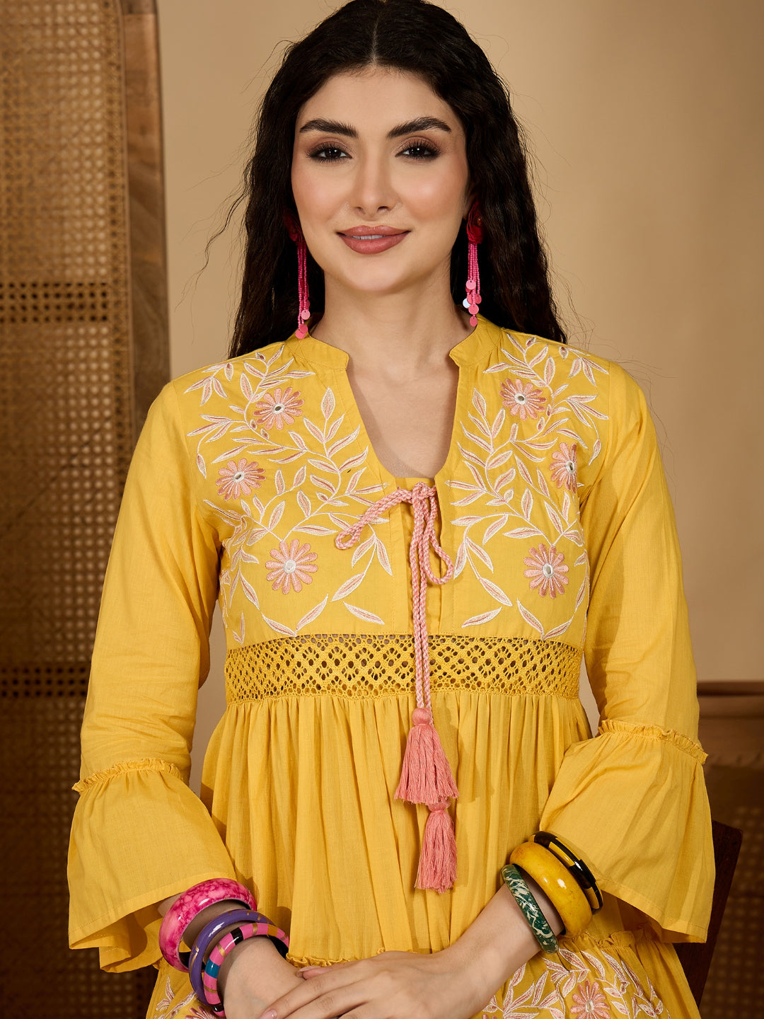 Yellow Solid & Embroidered Cotton Tiered Dress