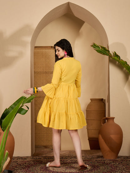 Yellow Solid & Embroidered Cotton Tiered Dress