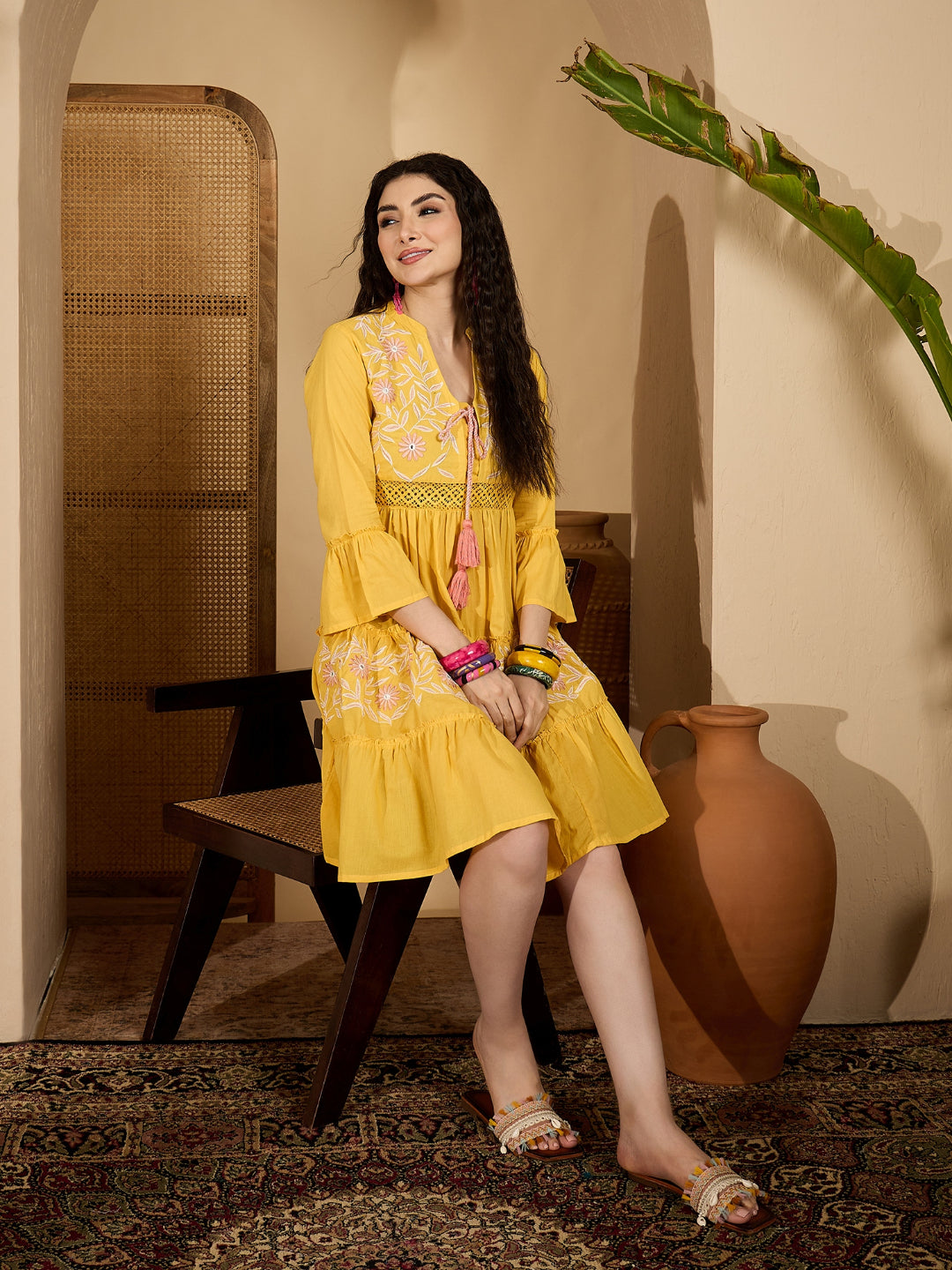 Yellow Solid & Embroidered Cotton Tiered Dress