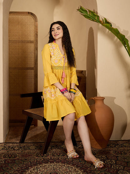 Yellow Solid & Embroidered Cotton Tiered Dress