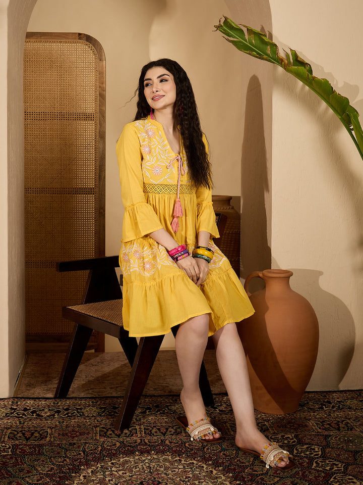 Yellow Solid &amp; Embroidered Cotton Tiered Dress