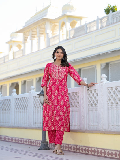 Printed & Embroidered Rayon Straight Kurta Pant Dupatta Set