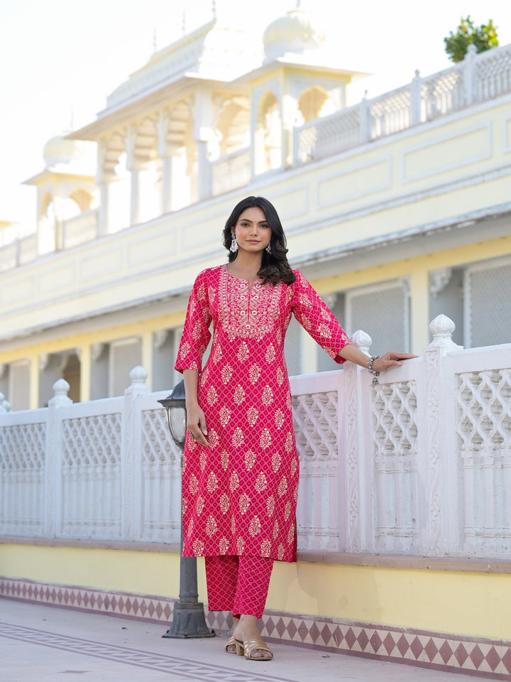 Printed &amp; Embroidered Rayon Straight Kurta Pant Dupatta Set