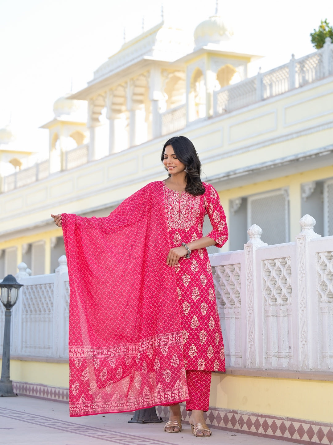 Printed &amp; Embroidered Rayon Straight Kurta Pant Dupatta Set