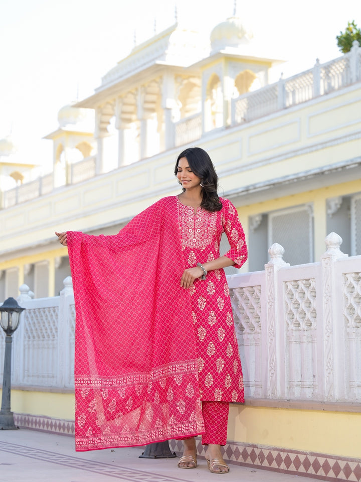 Printed &amp; Embroidered Rayon Straight Kurta Pant Dupatta Set