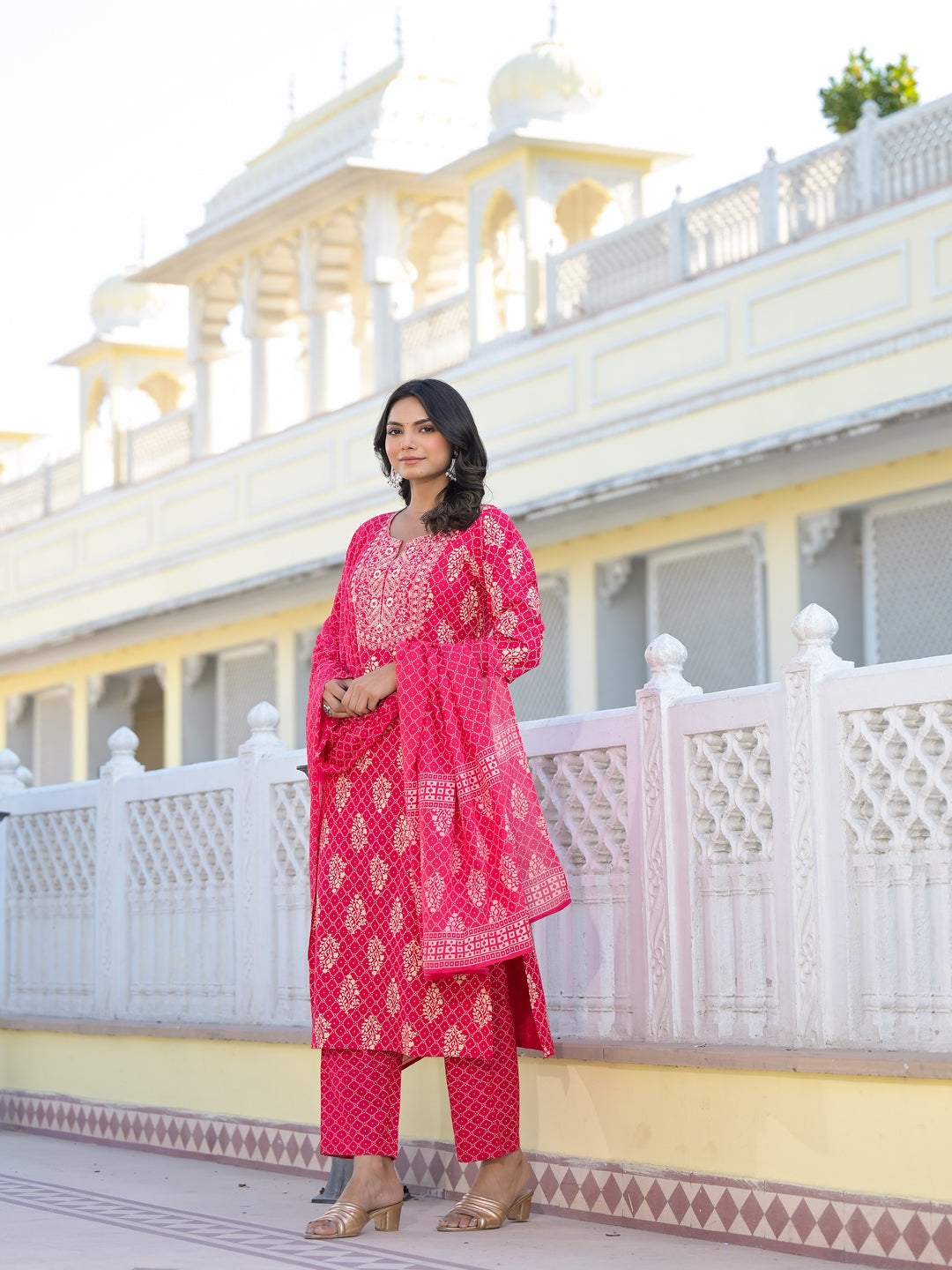 Printed &amp; Embroidered Rayon Straight Kurta Pant Dupatta Set