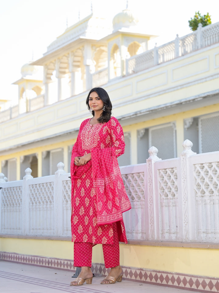 Printed &amp; Embroidered Rayon Straight Kurta Pant Dupatta Set