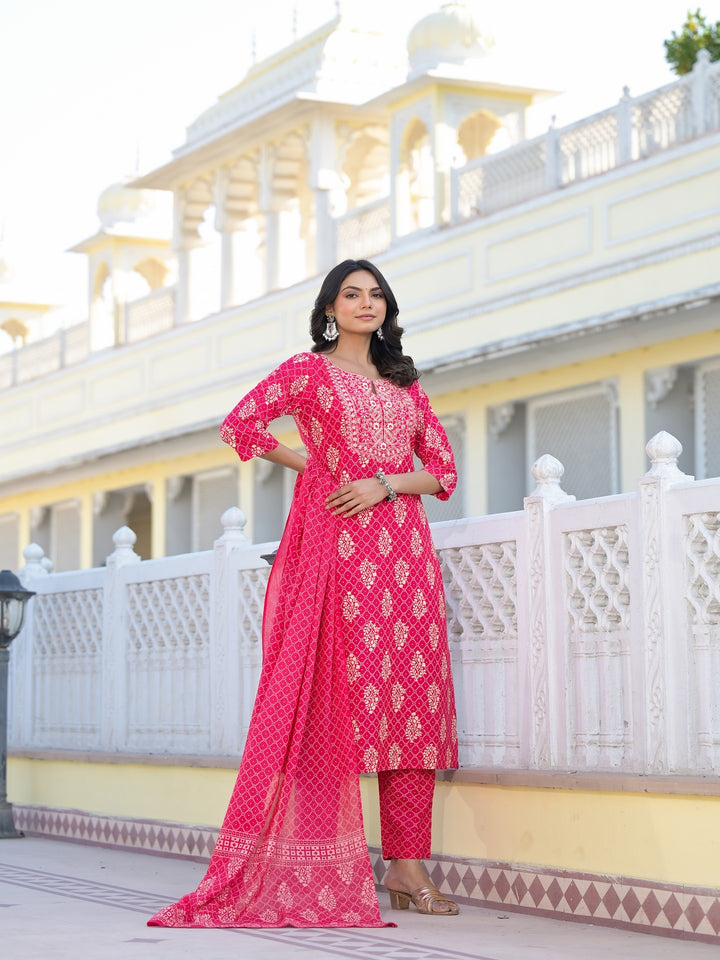 Printed &amp; Embroidered Rayon Straight Kurta Pant Dupatta Set