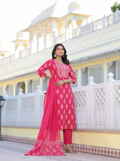 Printed & Embroidered Rayon Straight Kurta Pant Dupatta Set (Pre-Order)