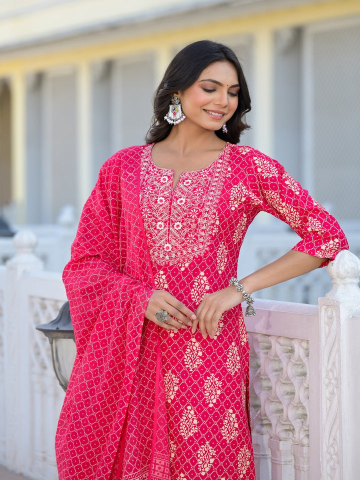 Printed &amp; Embroidered Rayon Straight Kurta Pant Dupatta Set