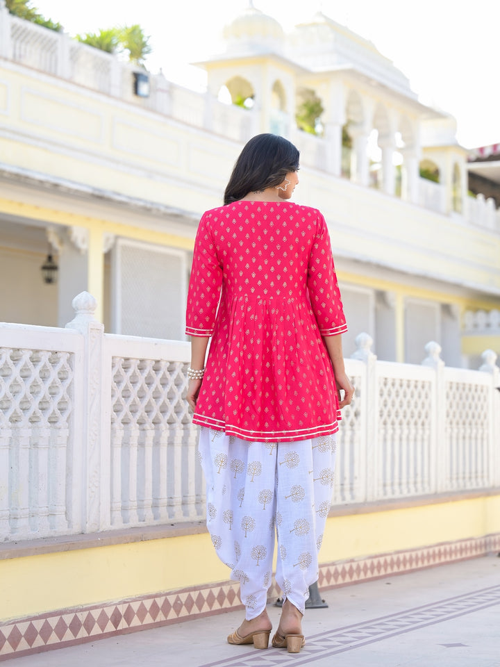 Printed &amp; Embroidered Rayon Kurti with Dhoti Pant